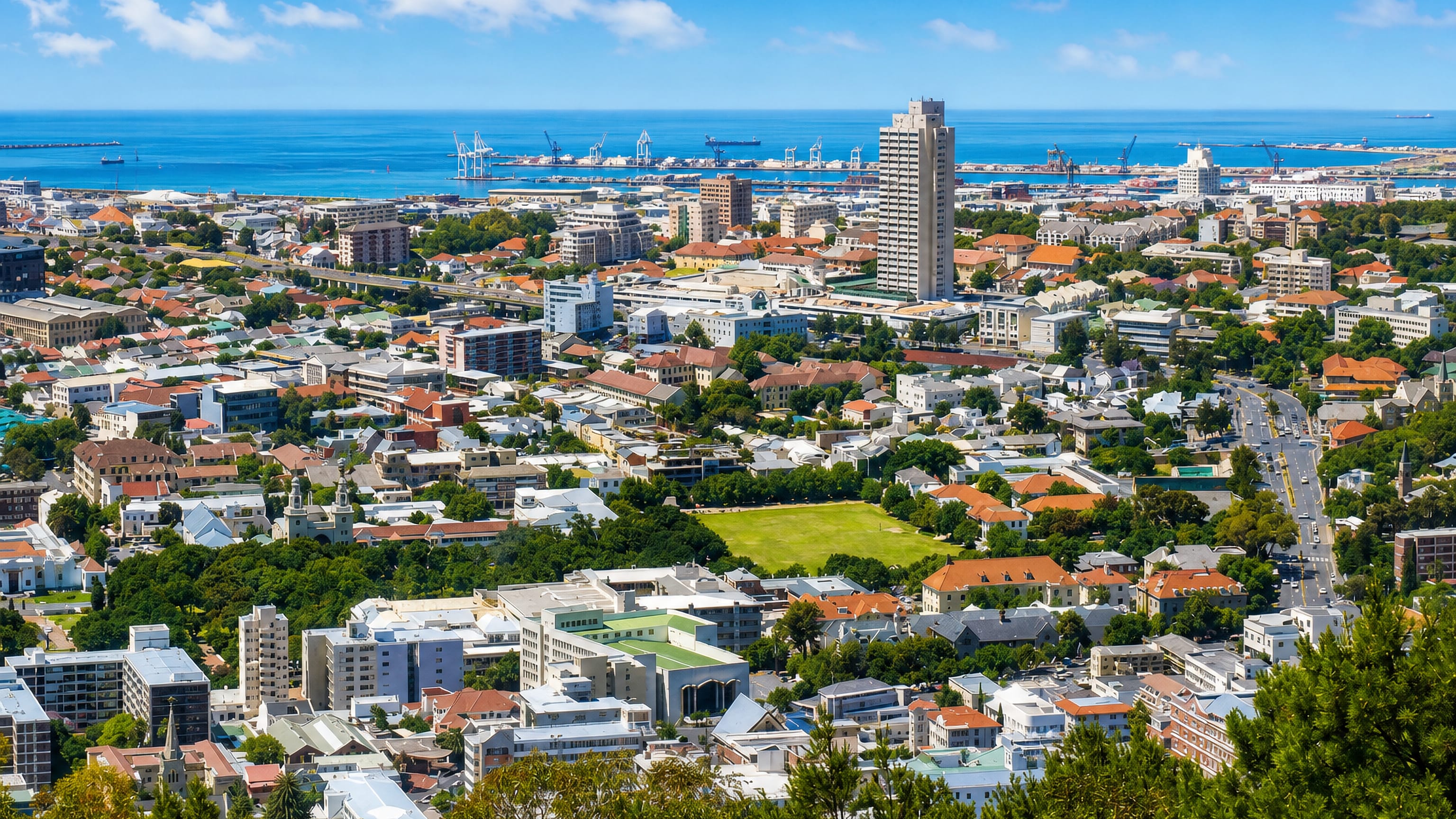 The Gardens quarter of Cape Town seen from the mountain slopes, with Table Bay harbour behind.