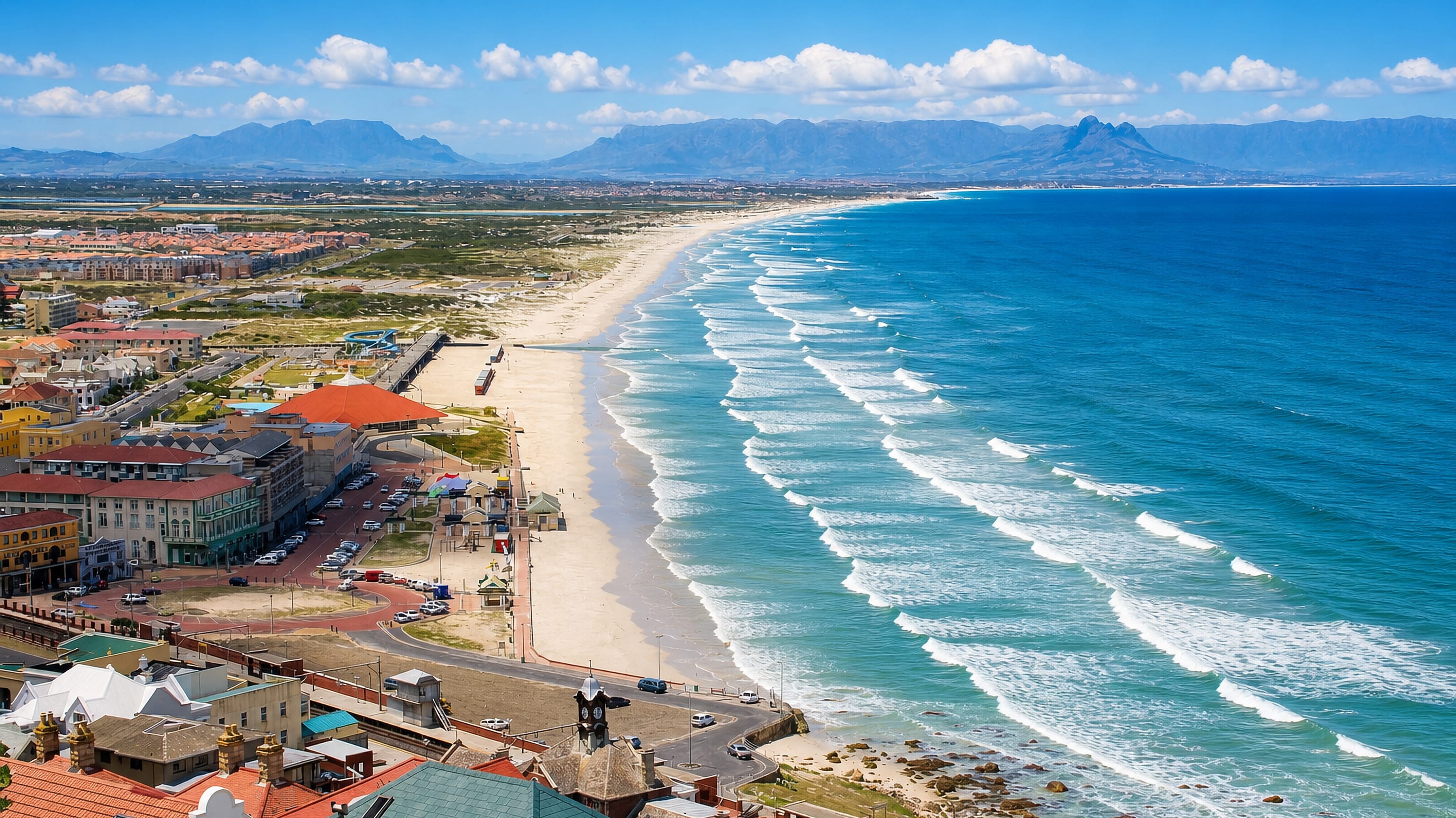 Muizenberg's surf beach and colourful seafront curving along False Bay below the Hottentots Holland mountains.
