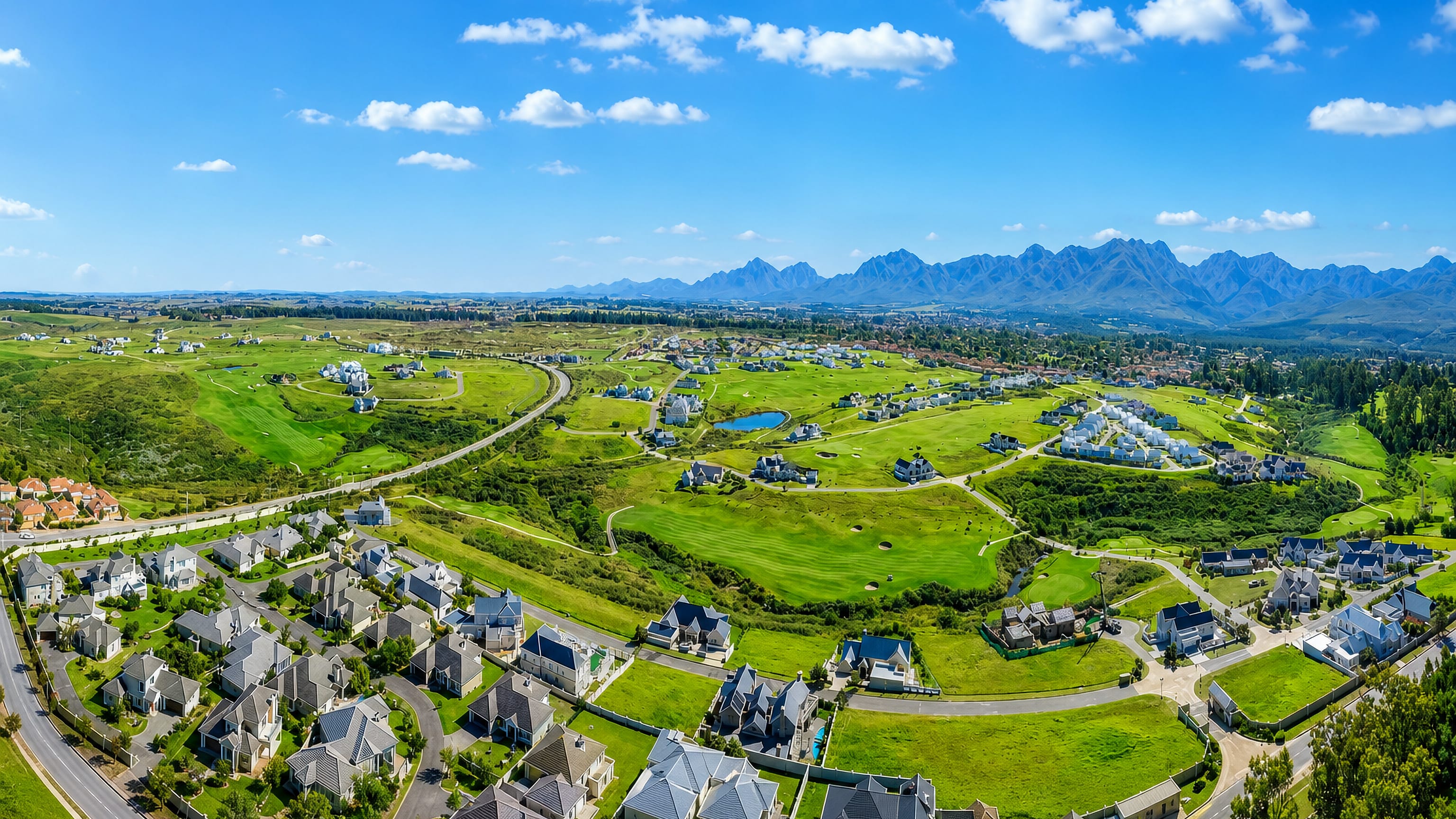 Golf-estate suburbs below the Outeniqua Mountains at George in South Africa's Western Cape, seen from the air.