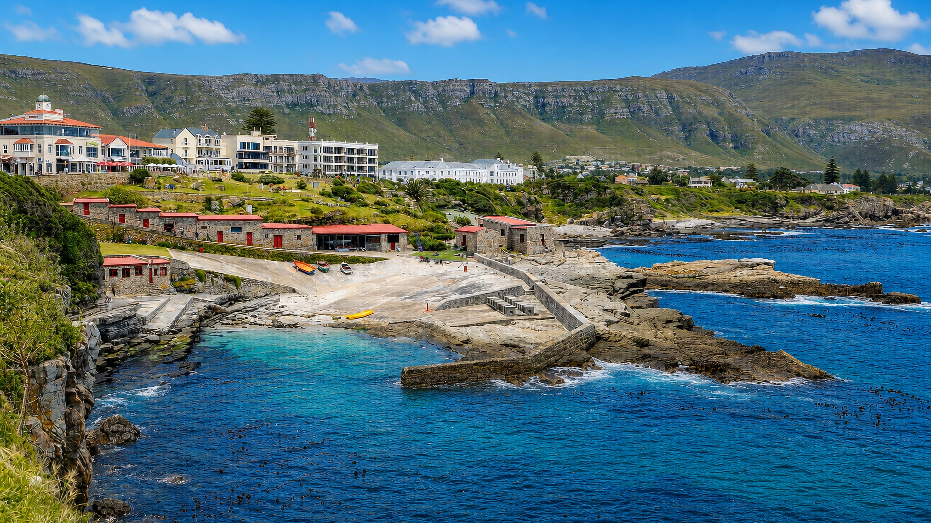 Hermanus Old Harbour and its cliffside cottages above turquoise water, with the Kleinrivier mountains behind.