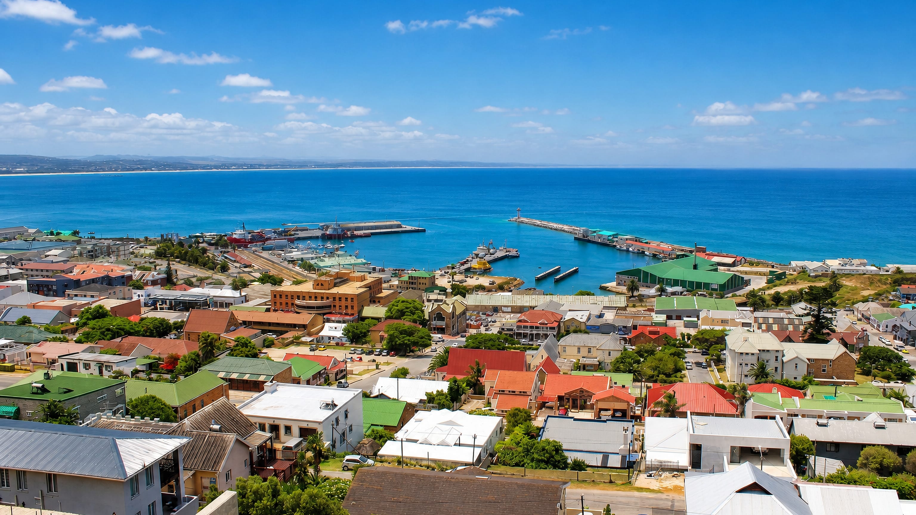 Mossel Bay, South Africa, seen from above with its harbour breakwater and colourful roofs on the bay
