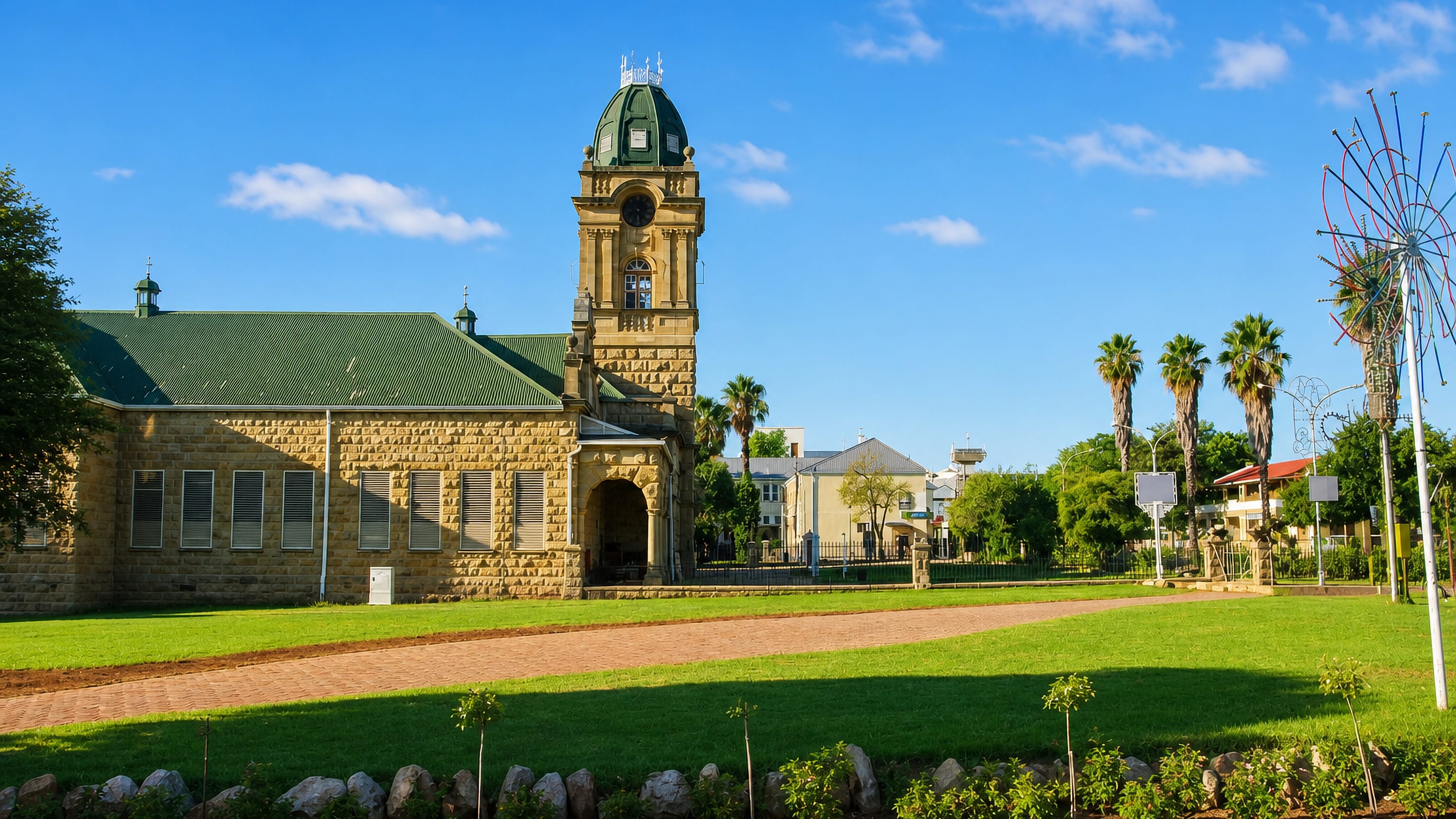 Sandstone Victorian building with a green-domed clock tower and palms on a lawn in Oudtshoorn, Western Cape.