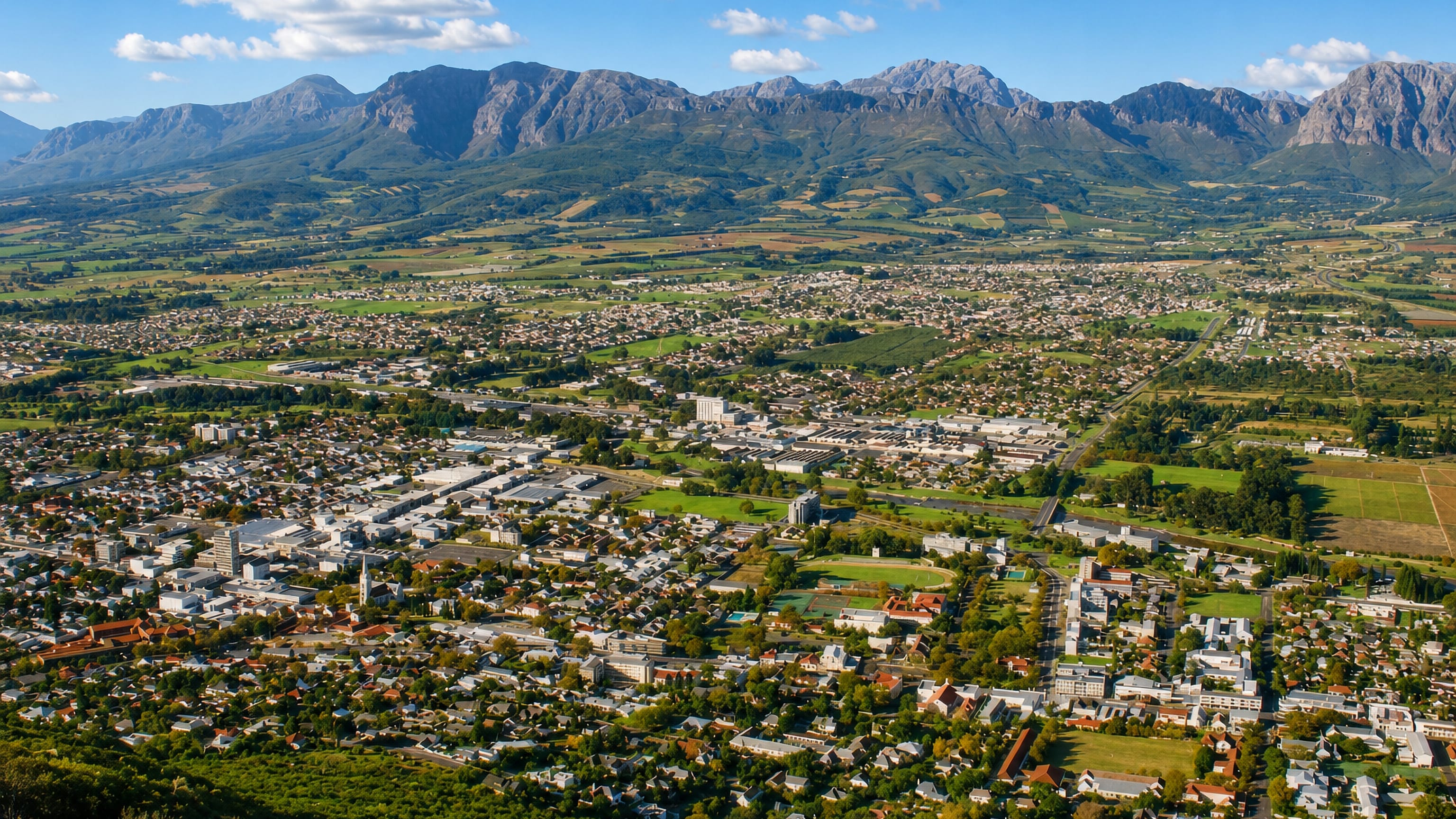 Paarl, South Africa, spread across the winelands valley below the Drakenstein mountains.