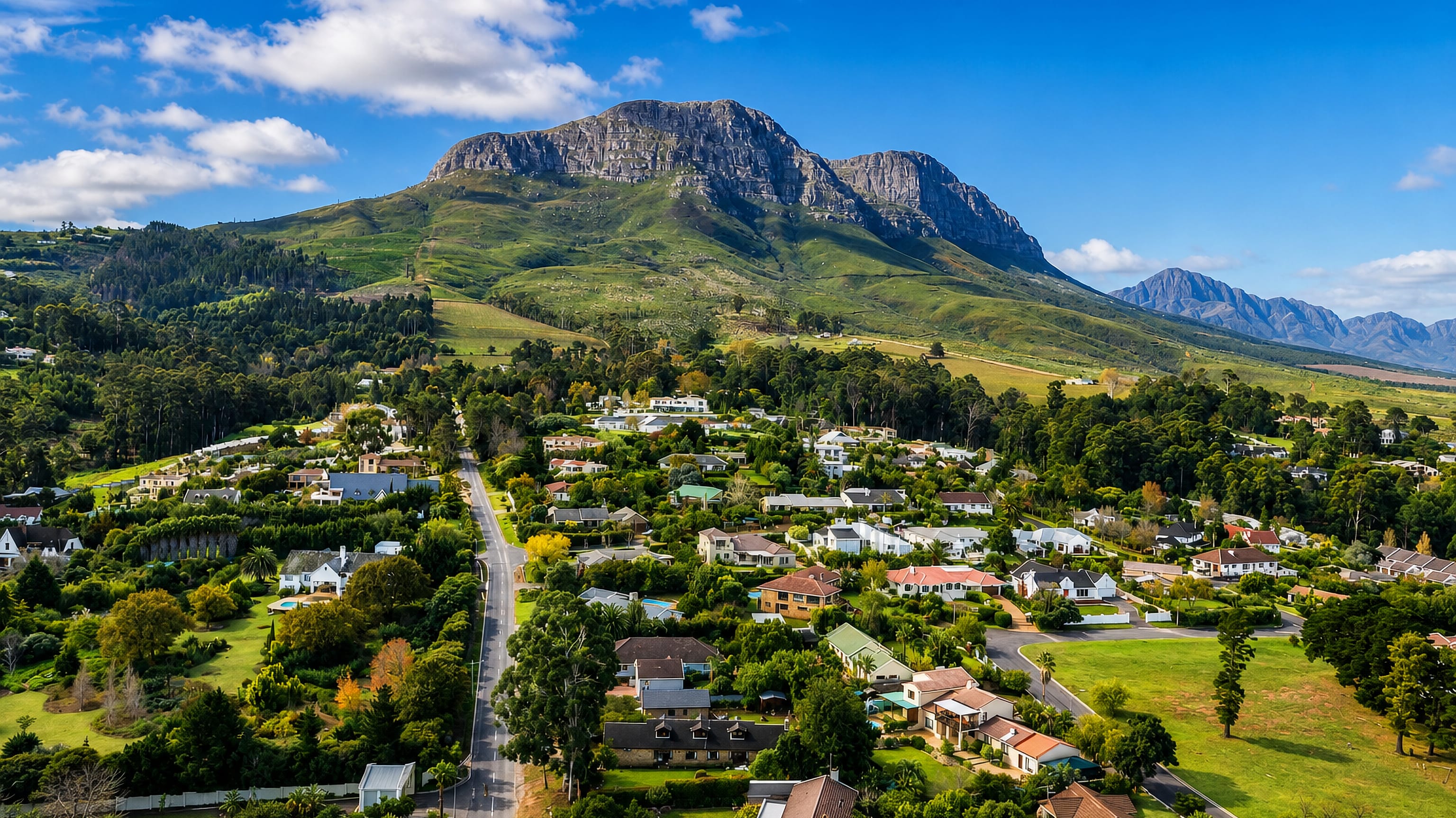 Leafy Somerset West spreads below the Helderberg mountain in South Africa's Western Cape.