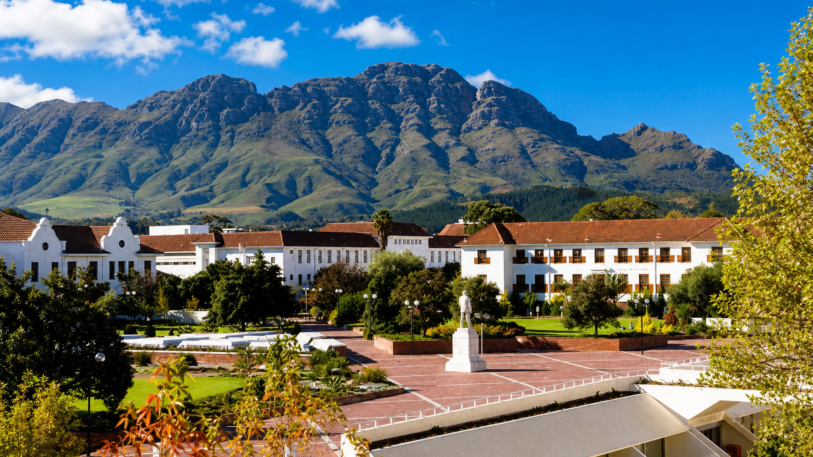Stellenbosch's white Cape Dutch gabled campus buildings and brick square below the green Stellenbosch mountains.