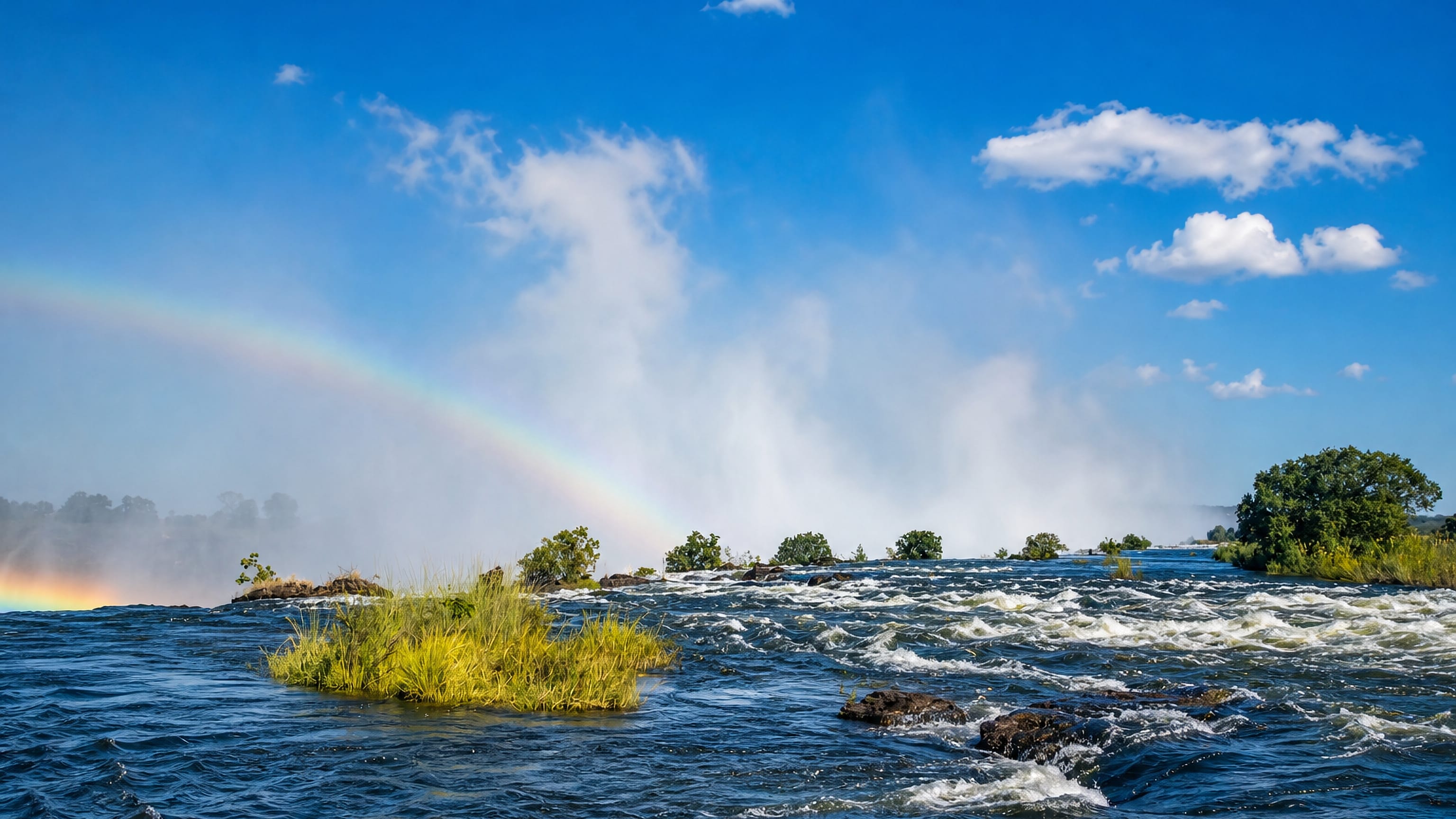 Spray and a rainbow rising over Victoria Falls on the Zambezi River beside Livingstone, Zambia.